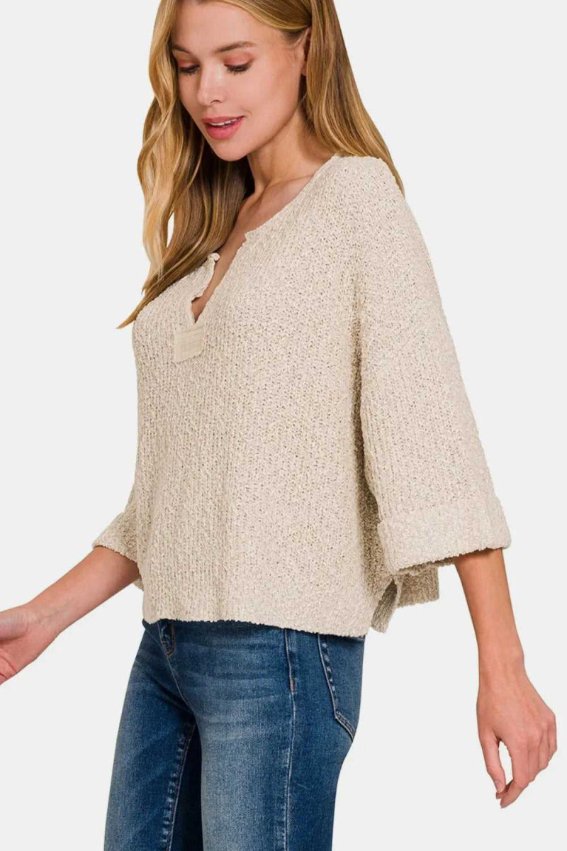 Zenana Notched Side Slit Patch Sweater - Hopeford Streams