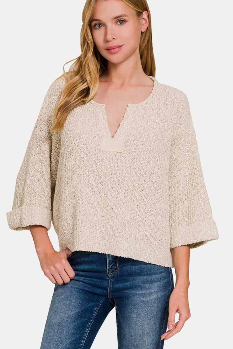 Zenana Notched Side Slit Patch Sweater - Hopeford Streams