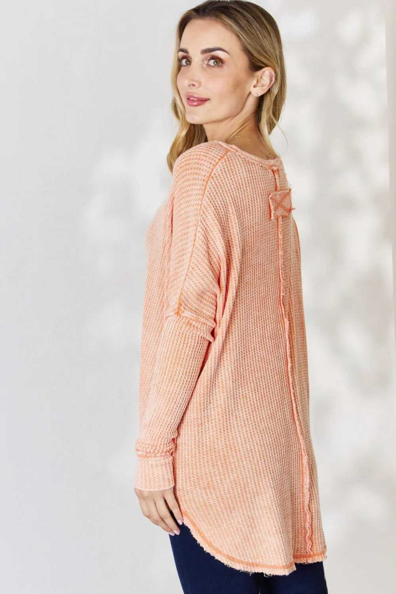 Zenana Oversized Washed Waffle Long Sleeve Top - Hopeford Streams