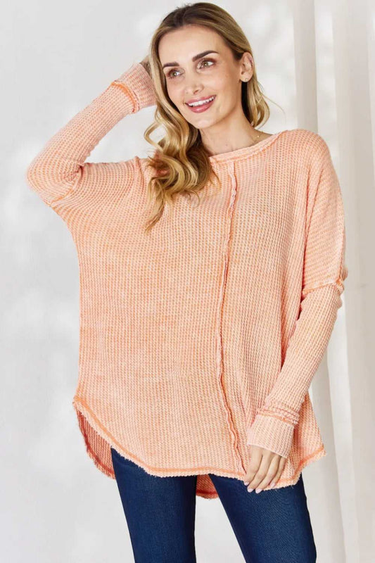 Zenana Oversized Washed Waffle Long Sleeve Top - Hopeford Streams