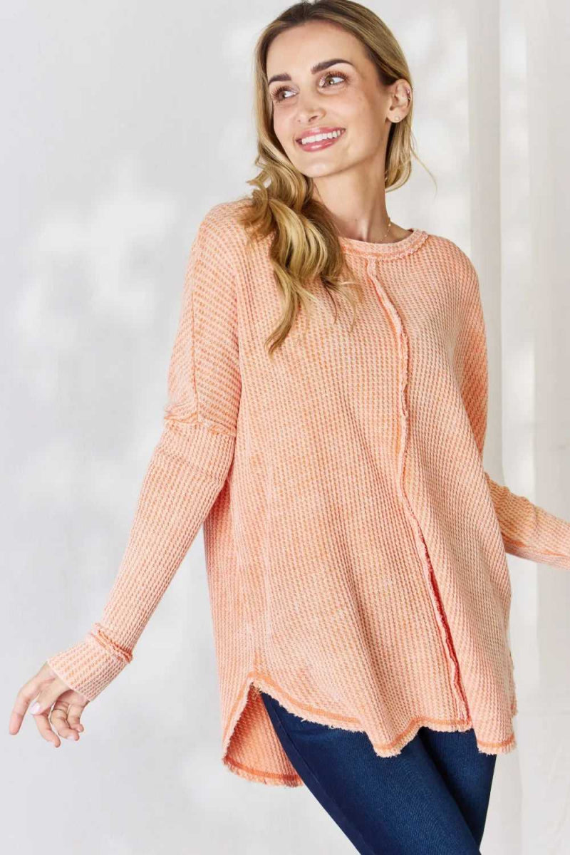 Zenana Oversized Washed Waffle Long Sleeve Top - Hopeford Streams