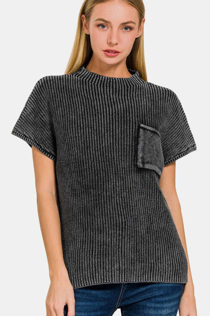 Zenana Pocketed Mock Neck Short Sleeve Sweater - Hopeford Streams