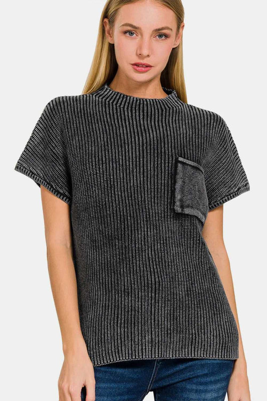 Zenana Pocketed Mock Neck Short Sleeve Sweater - Hopeford Streams