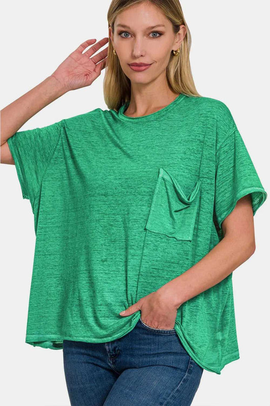 Zenana Pocketed Round Neck Dropped Shoulder T-Shirt - Hopeford Streams