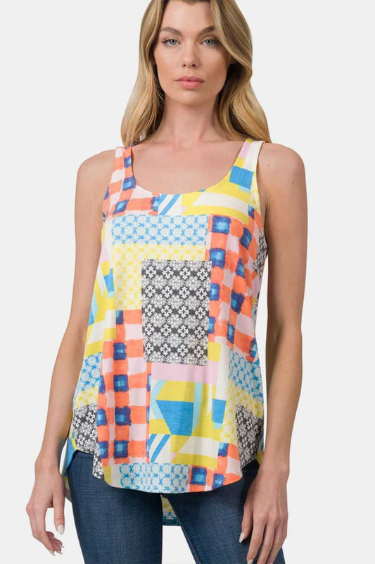 Zenana Printed Round Neck Curved Hem Tank - Hopeford Streams