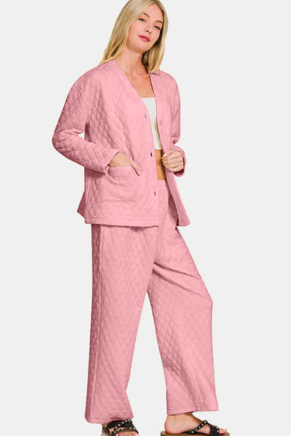 Zenana Quilted Button Up Long Sleeve Top and Pants Lounge Set - Hopeford Streams