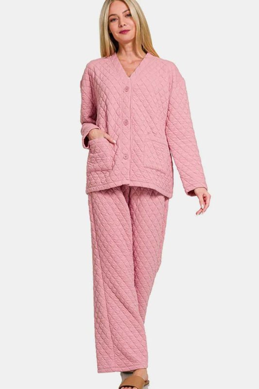 Zenana Quilted Button Up Long Sleeve Top and Pants Lounge Set - Hopeford Streams