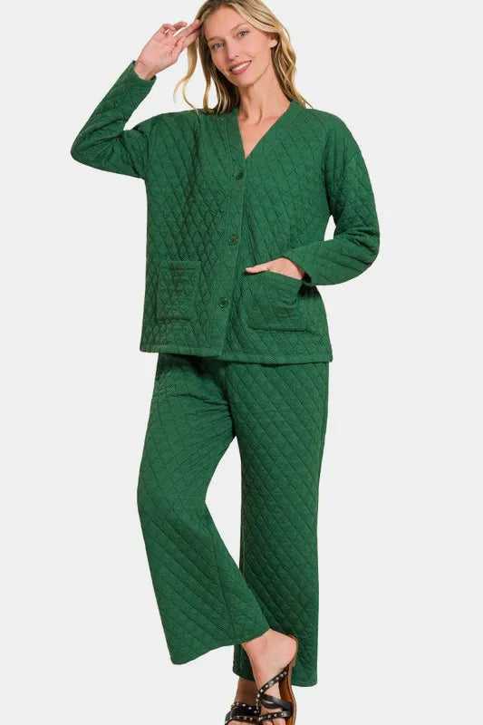 Zenana Quilted Button Up Long Sleeve Top and Pants Lounge Set - Hopeford Streams