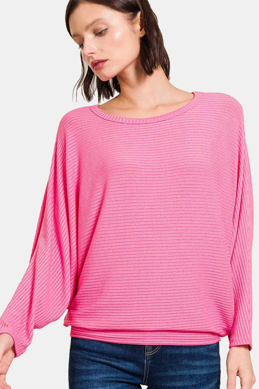 Zenana Ribbed Round Neck Long Sleeve Top - Hopeford Streams