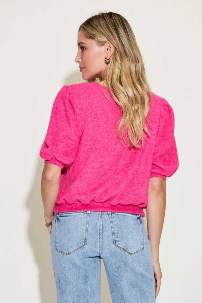 Zenana Round Neck Lantern Half Sleeve Sweater - Hopeford Streams