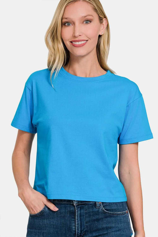 Zenana Round Neck Short Sleeve Cropped T-Shirt - Hopeford Streams