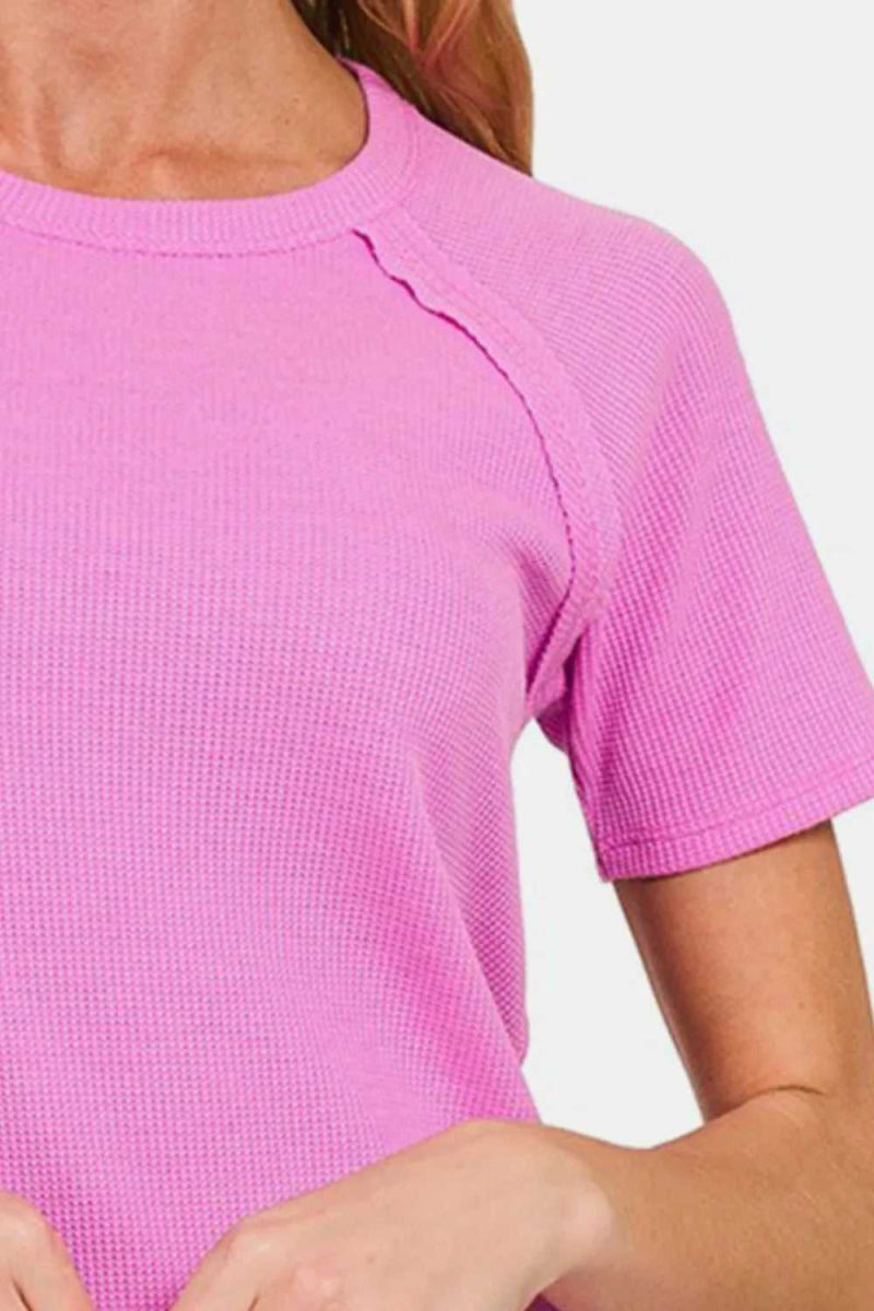 Zenana Round Neck Short Sleeve Waffle T-Shirt - Hopeford Streams