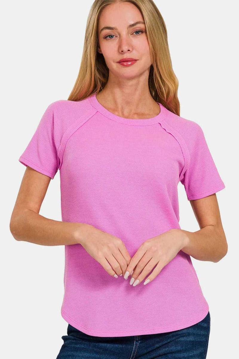 Zenana Round Neck Short Sleeve Waffle T-Shirt - Hopeford Streams