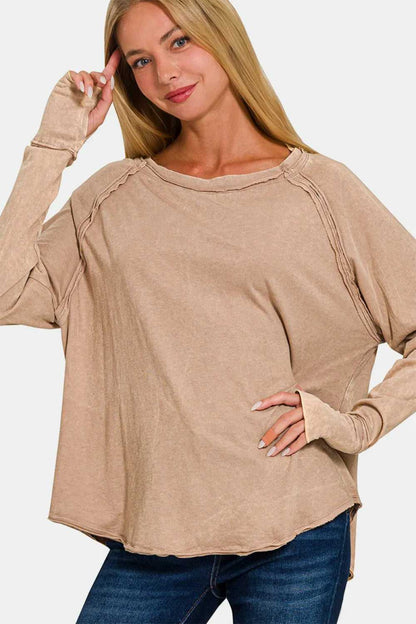 Zenana Round Neck Thumbhole Long Sleeve T-Shirt - Hopeford Streams