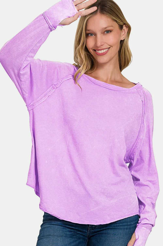 Zenana Round Neck Thumbhole Long Sleeve T-Shirt - Hopeford Streams