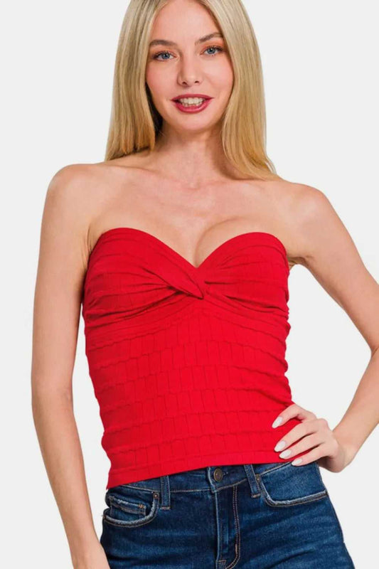 Zenana Ruched Twisted Sweetheart Neck Top - Hopeford Streams