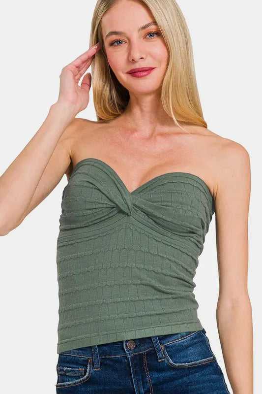 Zenana Ruched Twisted Sweetheart Neck Top - Hopeford Streams