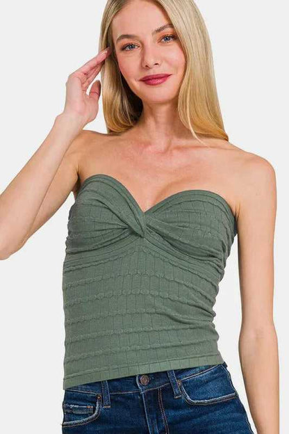Zenana Ruched Twisted Sweetheart Neck Top - Hopeford Streams