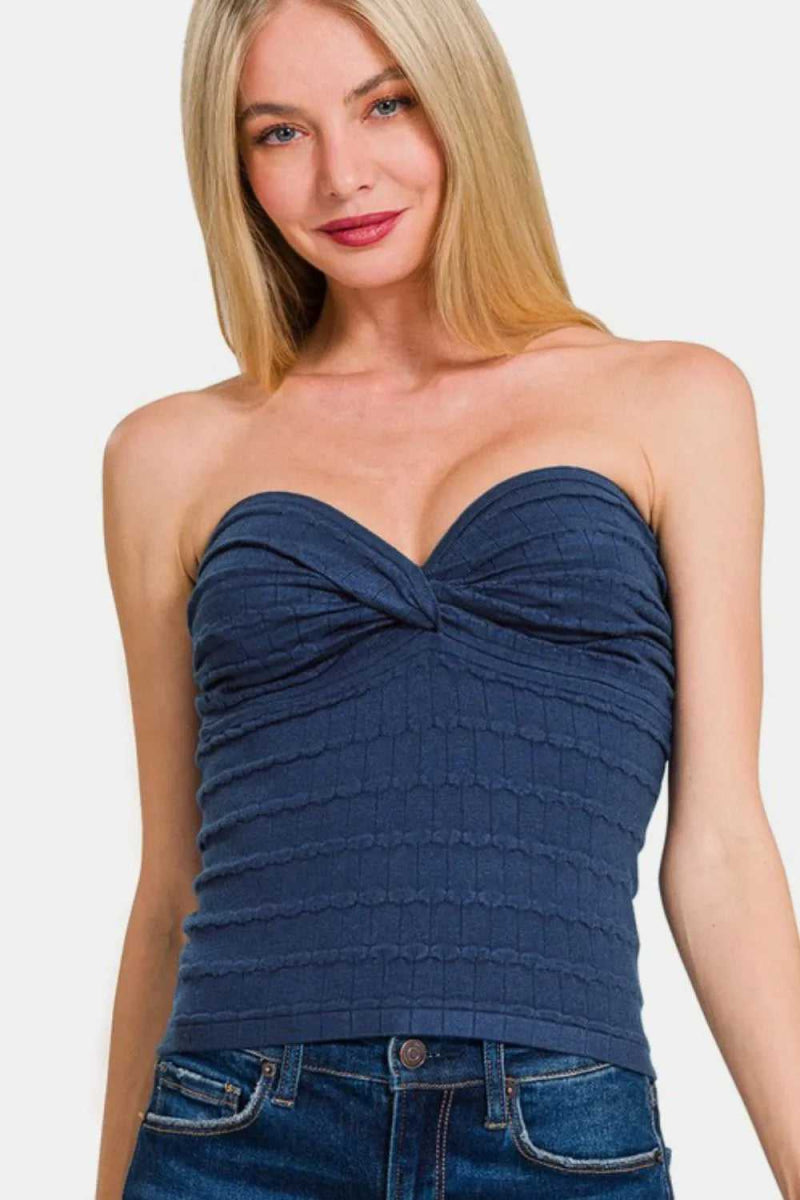 Zenana Ruched Twisted Sweetheart Neck Top - Hopeford Streams
