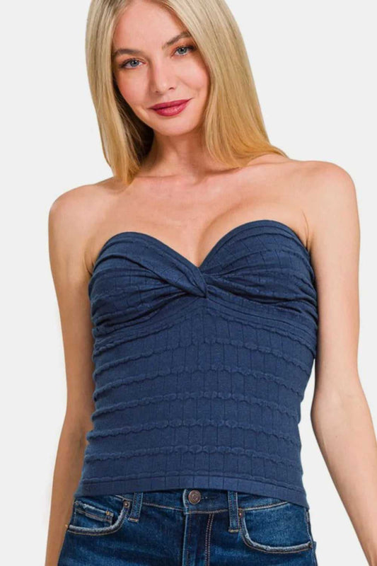 Zenana Ruched Twisted Sweetheart Neck Top - Hopeford Streams