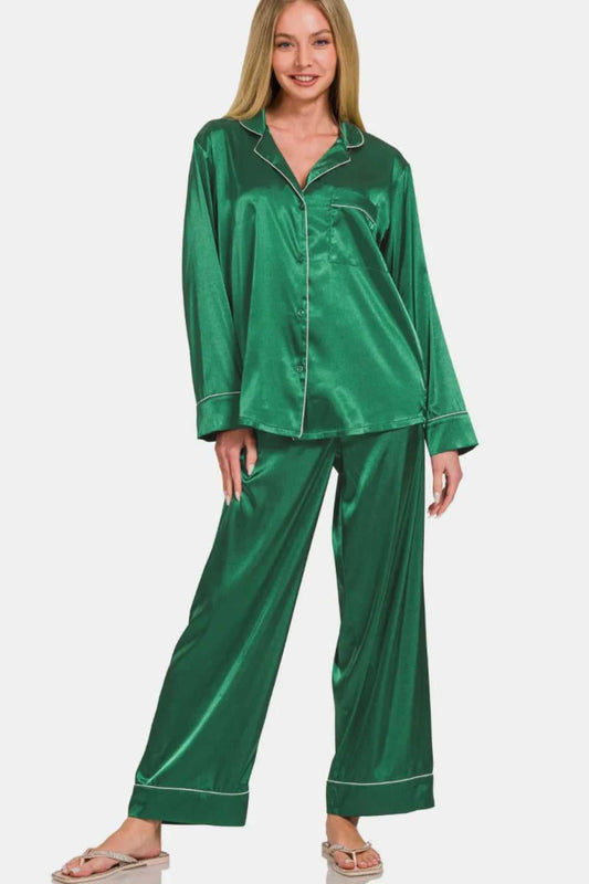 Zenana Satin Long Sleeve Shirt and Pants Pajama Set - Hopeford Streams