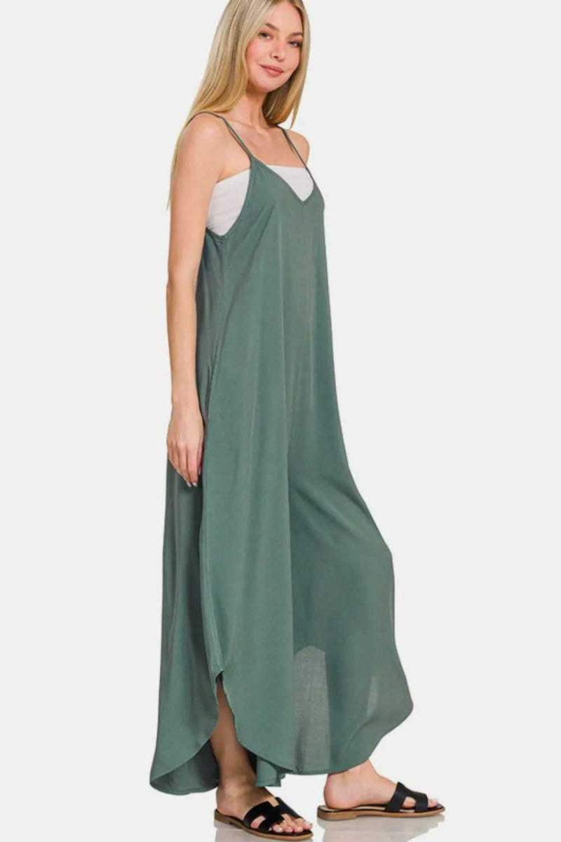 Zenana Sleeveless Curved Hem Wide Leg Overalls with Pockets - Hopeford Streams