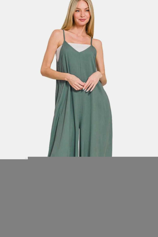 Zenana Sleeveless Curved Hem Wide Leg Overalls with Pockets - Hopeford Streams