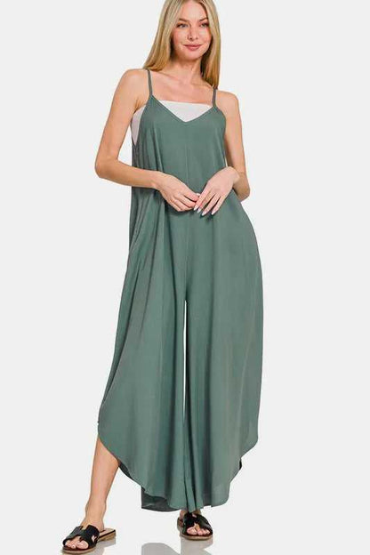 Zenana Sleeveless Curved Hem Wide Leg Overalls with Pockets - Hopeford Streams