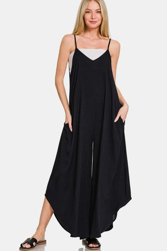 Zenana Spaghetti Strap Wide Leg Overalls with Pockets - Hopeford Streams