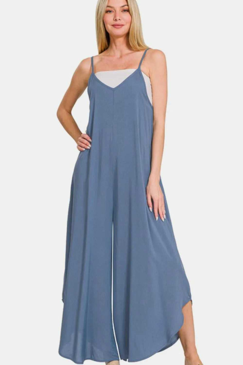 Zenana Spaghetti Strap Wide Leg Overalls with Pockets - Hopeford Streams