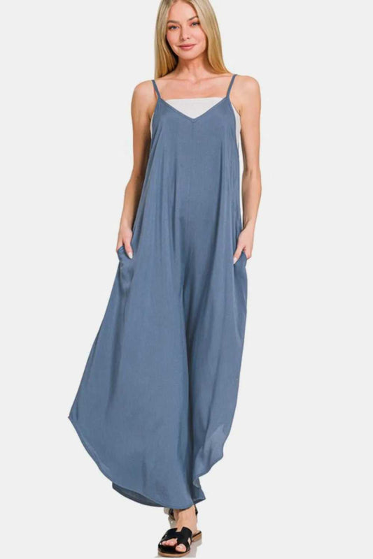 Zenana Spaghetti Strap Wide Leg Overalls with Pockets - Hopeford Streams