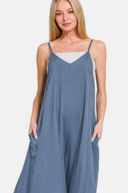 Zenana Spaghetti Strap Wide Leg Overalls with Pockets - Hopeford Streams