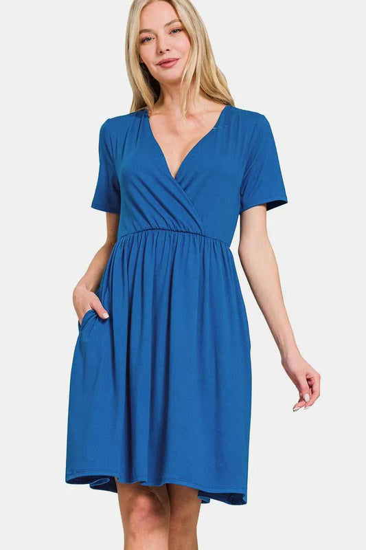 Zenana Surplice Short Sleeve Brushed DTY Dress - Hopeford Streams