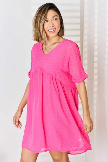 Zenana Swiss Dot Rolled Short Sleeve Babydoll Dress - Hopeford Streams