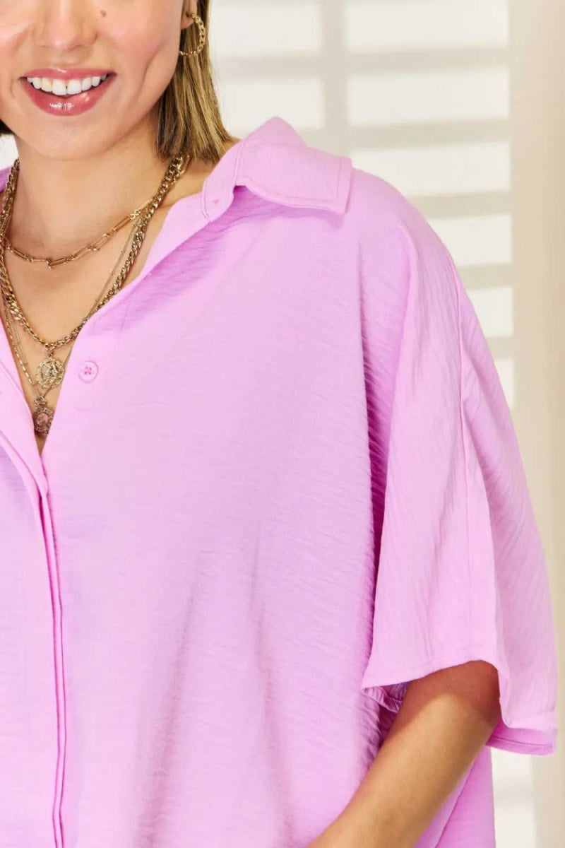 Zenana Texture Button Up Short Sleeve High - Low Shirt - Hopeford Streams