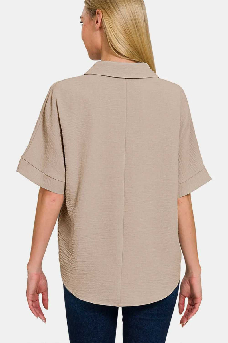 Zenana Texture Collared Neck Short Sleeve Top - Hopeford Streams