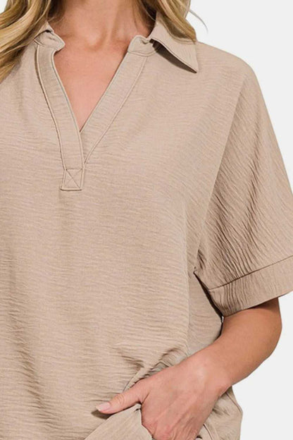 Zenana Texture Collared Neck Short Sleeve Top - Hopeford Streams