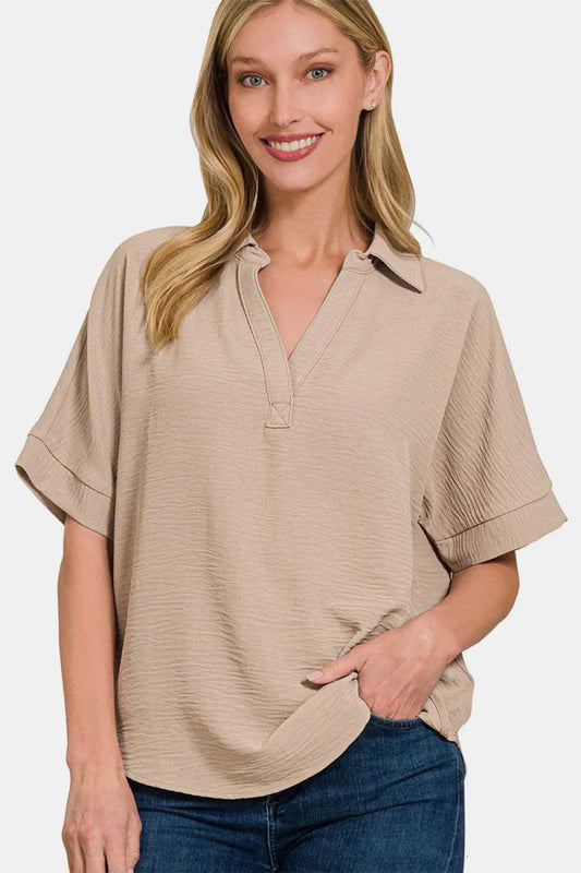 Zenana Texture Collared Neck Short Sleeve Top - Hopeford Streams