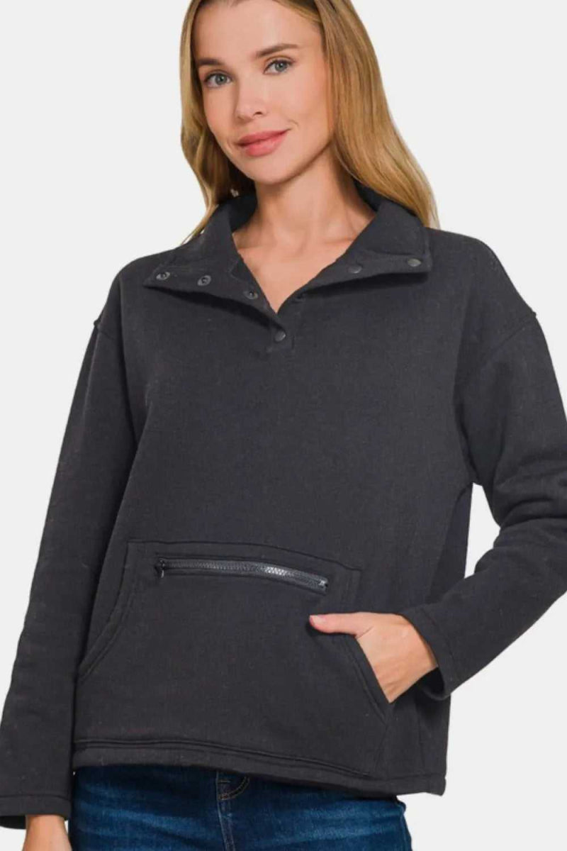 Zenana Turtleneck Half Snap Fleece Sweatshirt - Hopeford Streams