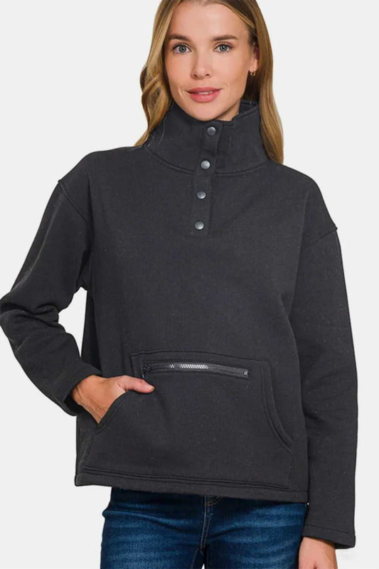 Zenana Turtleneck Half Snap Fleece Sweatshirt - Hopeford Streams
