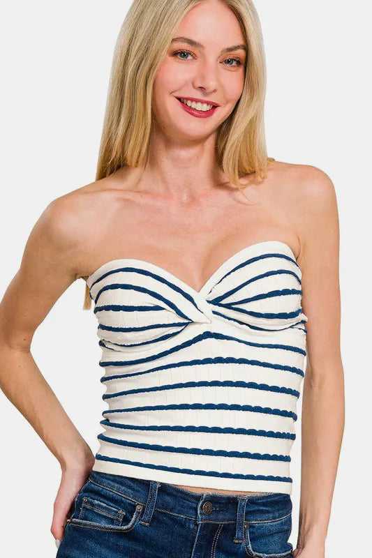Zenana Twisted Sweetheart Neck Striped Tube Top - Hopeford Streams
