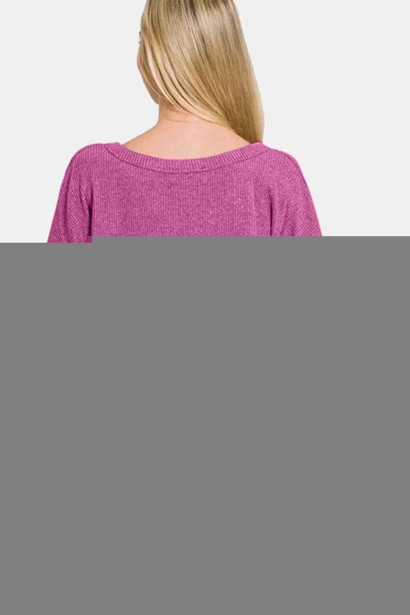 Zenana V - Neck Long Sleeve Ribbed Top and Shorts Set - Hopeford Streams