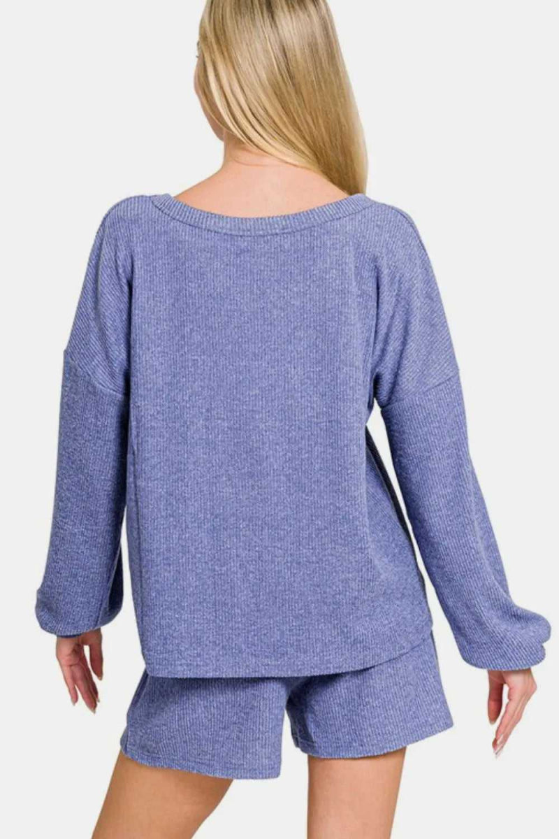 Zenana V - Neck Long Sleeve Ribbed Top and Shorts Set - Hopeford Streams