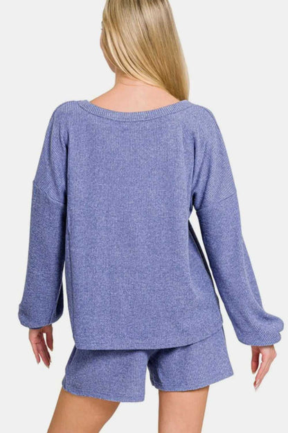 Zenana V - Neck Long Sleeve Ribbed Top and Shorts Set - Hopeford Streams