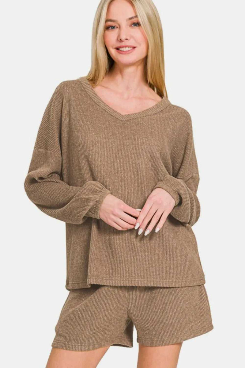 Zenana V - Neck Long Sleeve Ribbed Top and Shorts Set - Hopeford Streams