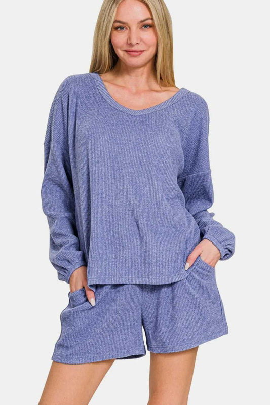 Zenana V - Neck Long Sleeve Ribbed Top and Shorts Set - Hopeford Streams