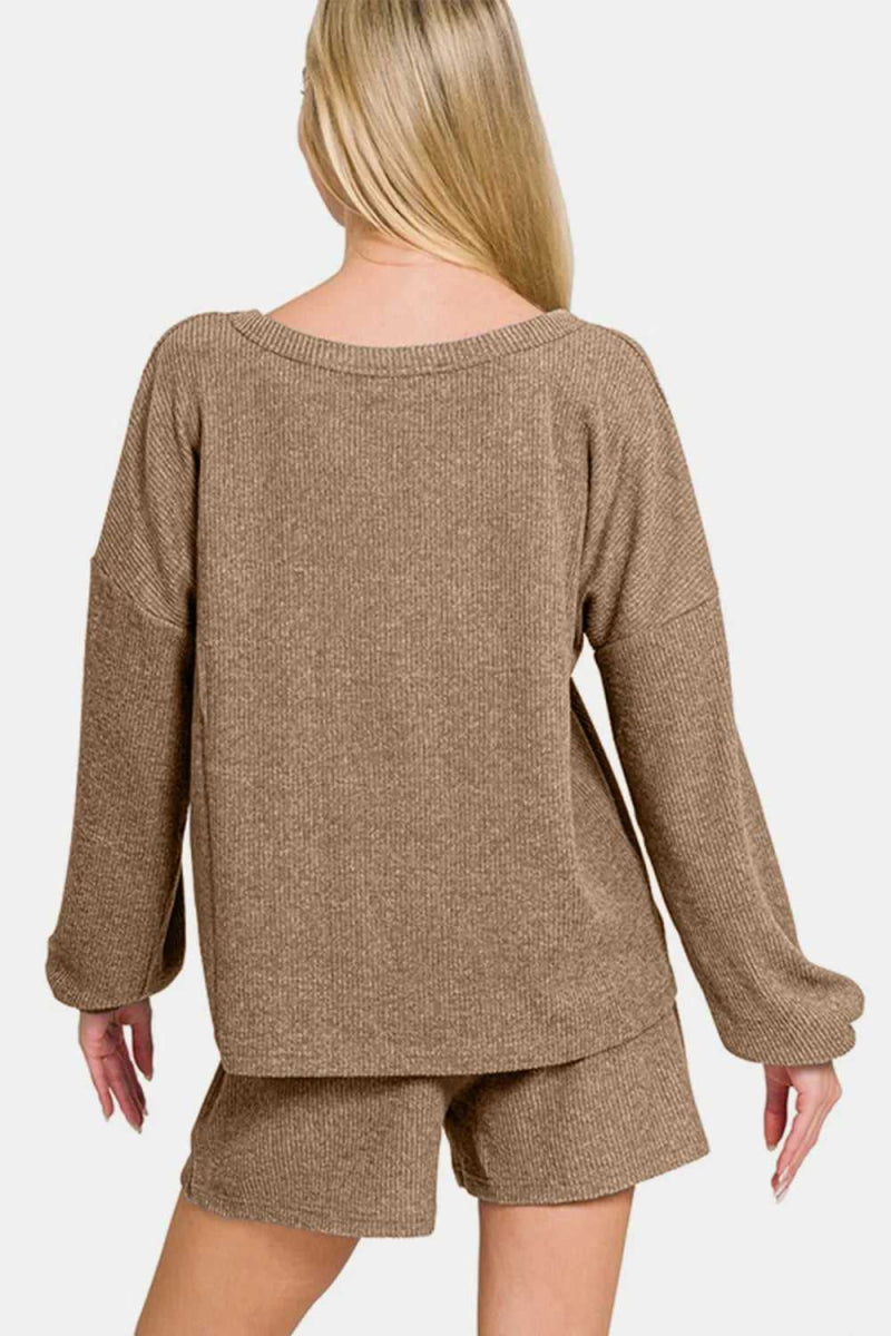 Zenana V - Neck Long Sleeve Ribbed Top and Shorts Set - Hopeford Streams