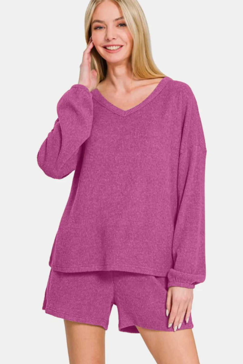 Zenana V - Neck Long Sleeve Ribbed Top and Shorts Set - Hopeford Streams