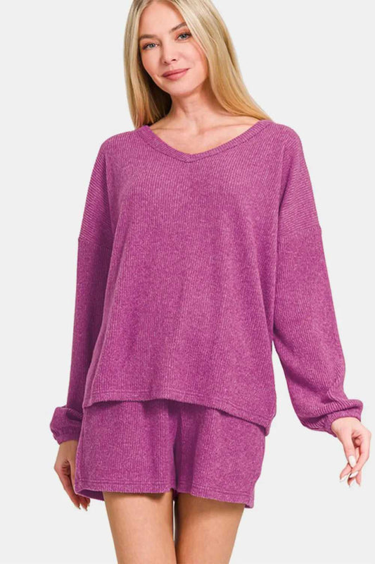 Zenana V - Neck Long Sleeve Ribbed Top and Shorts Set - Hopeford Streams