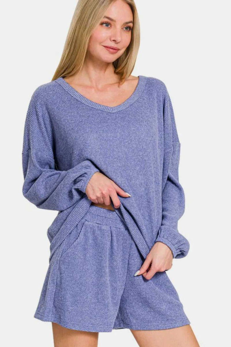 Zenana V - Neck Long Sleeve Ribbed Top and Shorts Set - Hopeford Streams